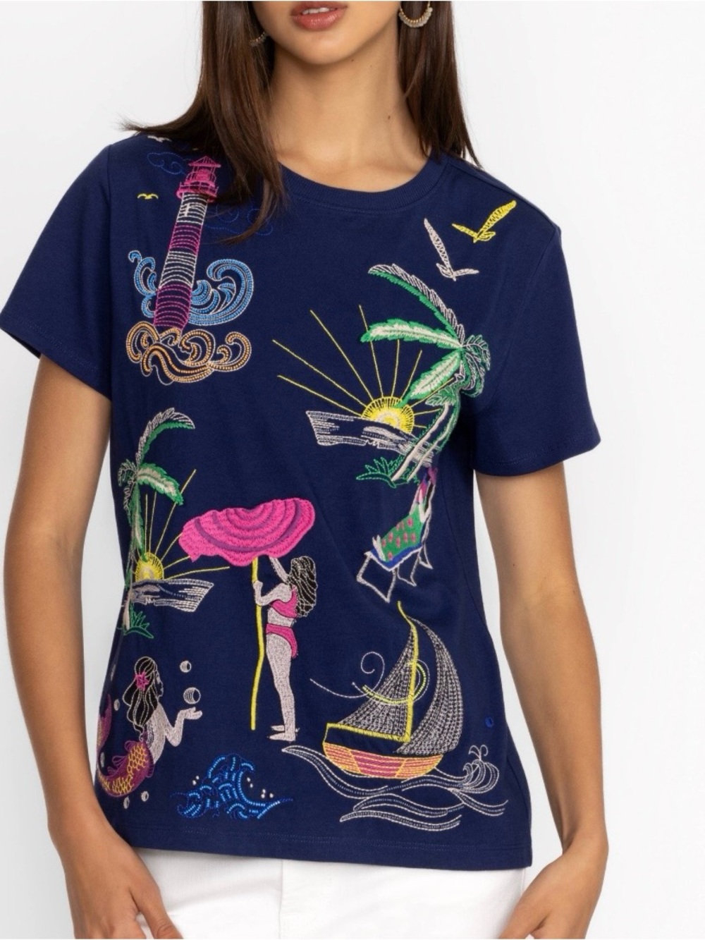 Johnny Was Travel Crew neck Navy embroidered t shirt medium
